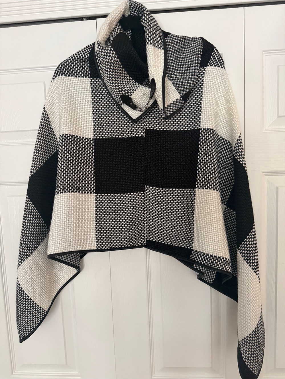 Black & White Plaid Knit Poncho Sweater with Funnel Neck..one size ..